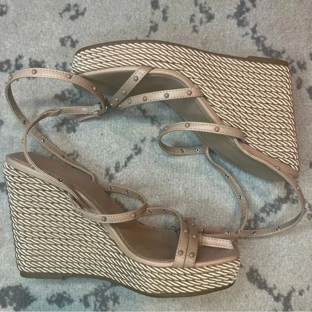 MARC FISHER Zig Studded Square Toe Beige Beachy Espadrille Wedge Heels